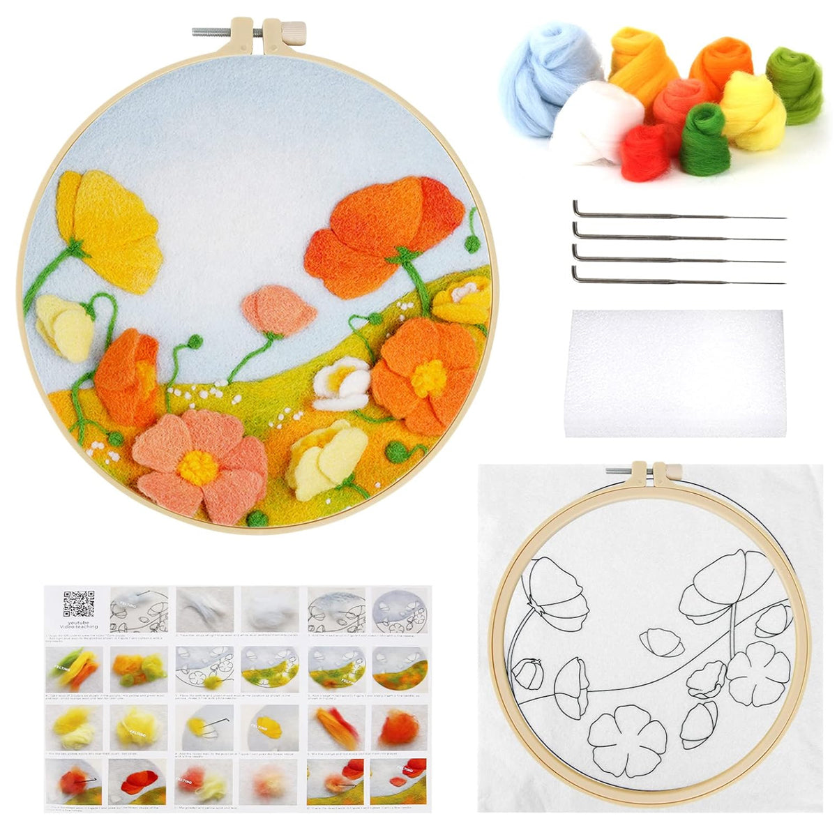 PATPAT DIY Needle Felt Art Craft Kit Flower Poking Stitch Art Kit with Embroidery Punch Needles, 8.35 inches Dia Embroidery Hoop, DIY Art Gift for Kids Adults PATPAT DIY Needle Felt Art Craft Kit Flower Poking Stitch Art Kit with Embroidery Punch Needles, 8.35 inches Dia Embroidery Hoop, DIY Art Gift for Kids Adults